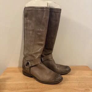 Frye Medium Calf Leather Tall Shaft Boots Phillip Harness Grey Gray 8 B Metal
